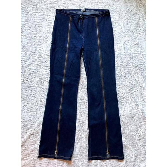 Vintage Denim - Vintage Dark Denim Wash Frayed Zipper Wide Jeans